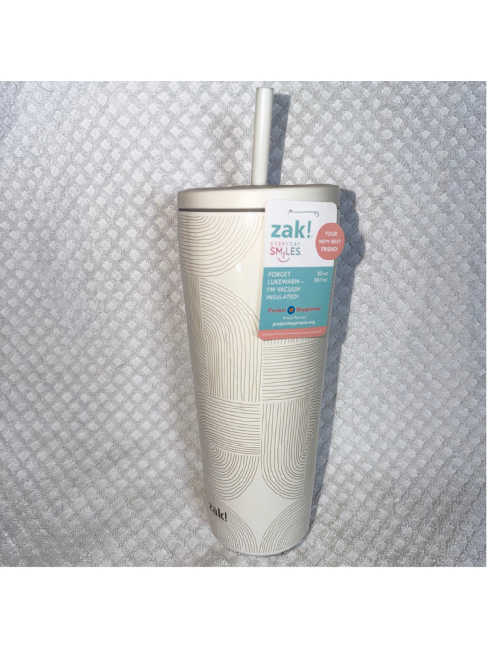 NWT Zak! Everyday Smiles Vacuum Insulated 30oz Cold Drink Tumbler W/Straw Beige